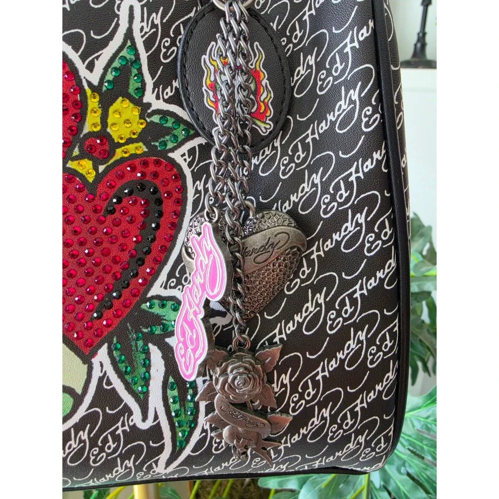 Ed Hardy Love Rhinestone Heart Satchel Bag Black White Tattoo Print Scarf Handle